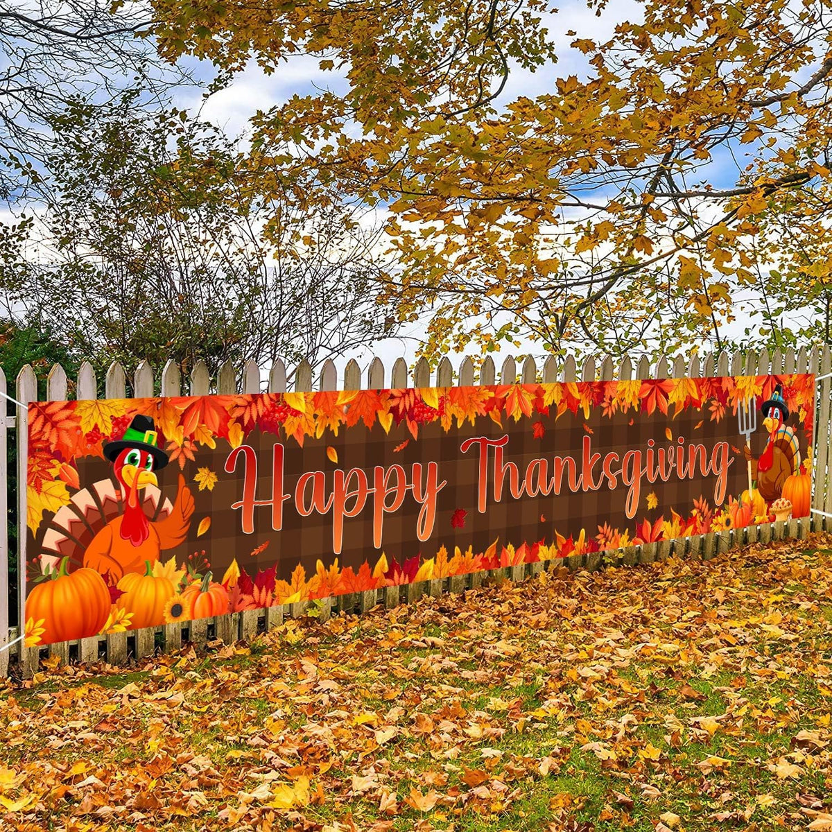 Large Happy Thanksgiving Banner, Turkey Maple Leaf Pumpkin Thanksgiving Fence Yard Lawn Banner Outdoor Decorations Party Supplies