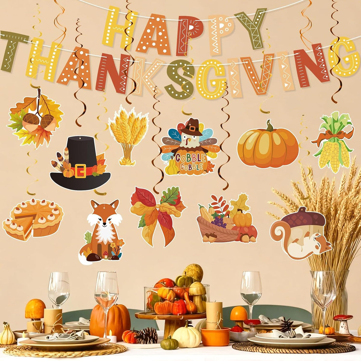 Thanksgiving Decor Set: Thanksgiving Banner & Hanging Swirls - for Home, Office, Classroom Indoor Fall Party Decorations
