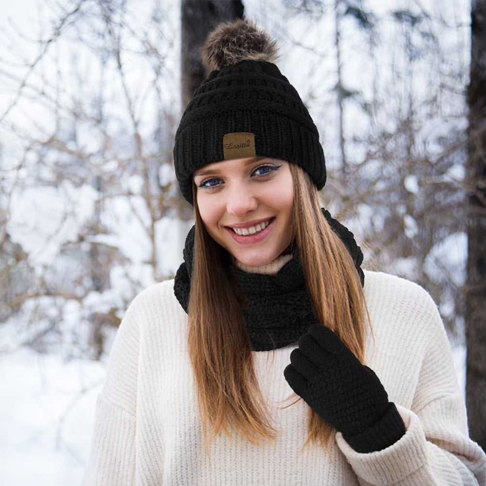 3 Pcs Women Winter Hat and Gloves Sets, Beanies Knit Classic Neck Warmer and Touchscreen Gloves Black