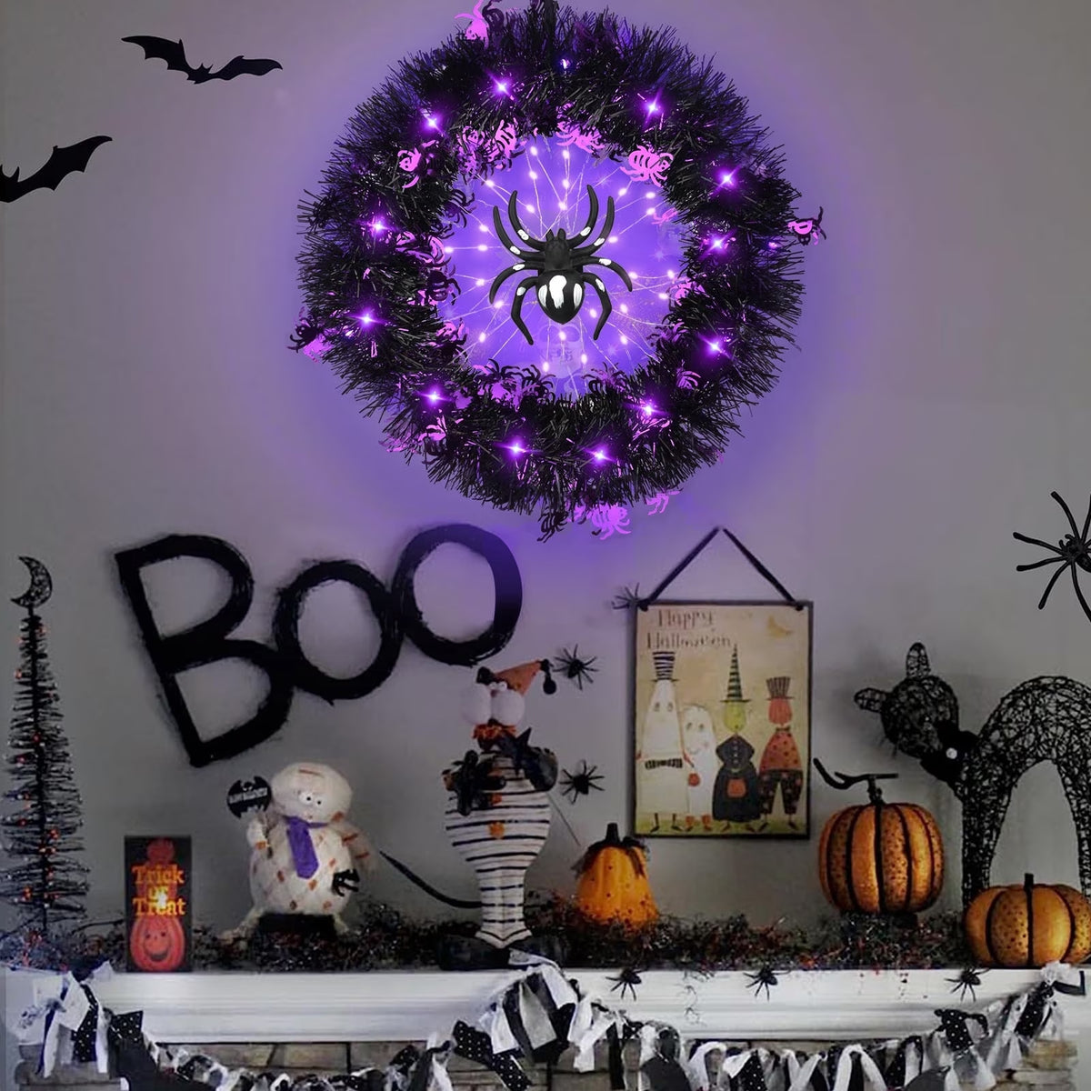 Halloween Wreath Halloween Spider Decorations Wreath with Lights, Halloween Spider Garland LED Halloween Door Wreath for Halloween Party, Halloween Decorations Outdoor Indoor Wall and Window