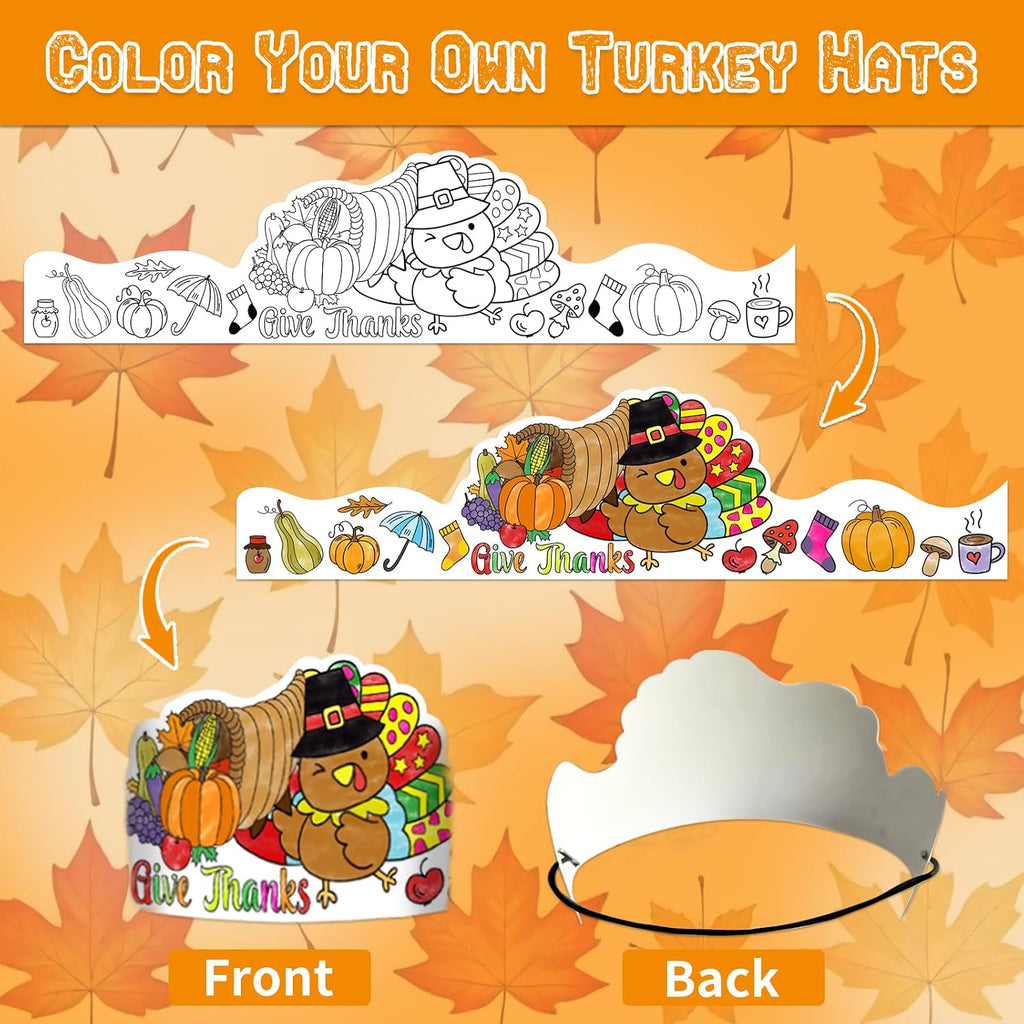 Thanksgiving Coloring Turkey Crowns Hats 24PCS Fall Thanksgiving Turkey Headbands Crafts for Kids