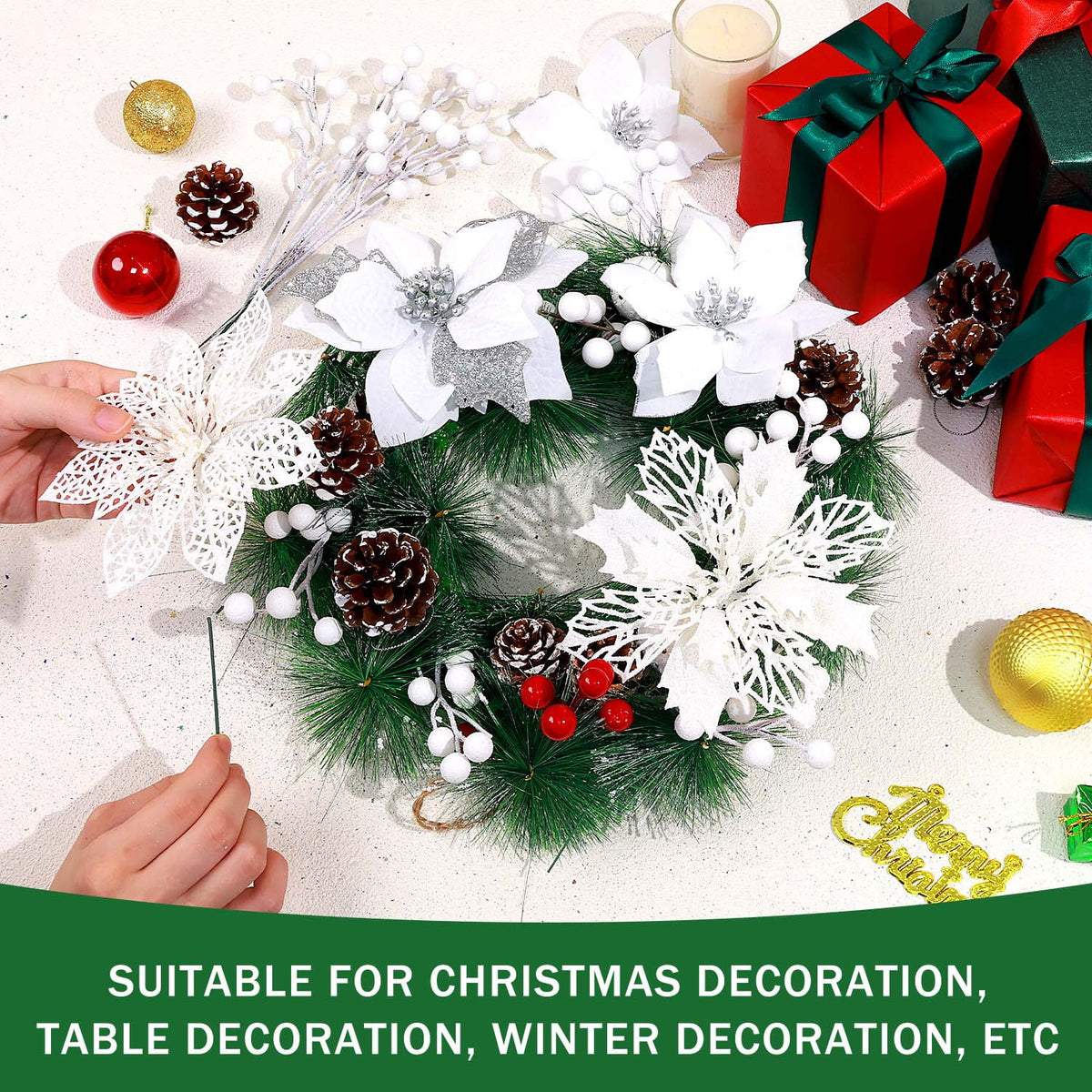 Glitter Poinsettia & Pine Cone Tree Picks, White, 56-Piece – view 5