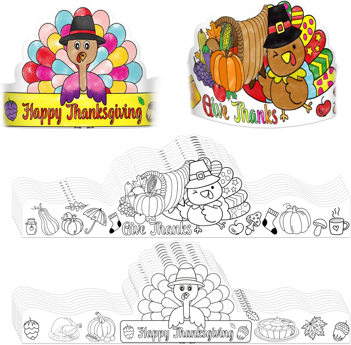 Thanksgiving Coloring Turkey Crowns Hats 24PCS Fall Thanksgiving Turkey Headbands Crafts for Kids