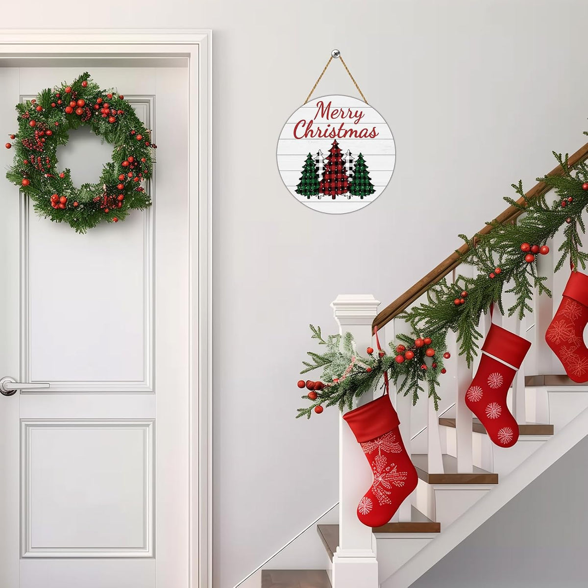 Buffalo Plaid Merry Christmas Wooden Door Sign, 12" – view 7