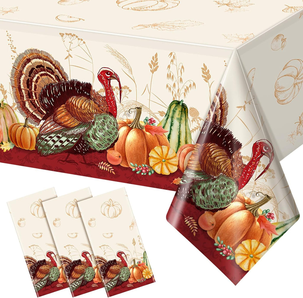 3 Pack Thanksgiving Disposable Tablecloth for Rectangle Tables, Plastic Thanksgiving Turkey Tablecloth Party Supplies, Pumpkin Table Cover for Fall Thanksgiving Harvest Party Decorations, 54X108 Inch