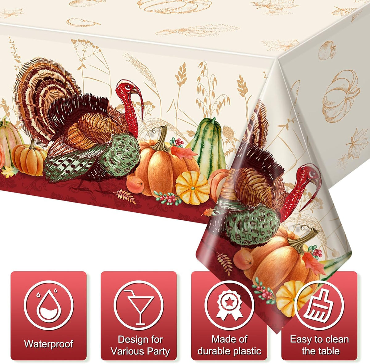 3 Pack Thanksgiving Disposable Tablecloth for Rectangle Tables, Plastic Thanksgiving Turkey Tablecloth Party Supplies, Pumpkin Table Cover for Fall Thanksgiving Harvest Party Decorations, 54X108 Inch