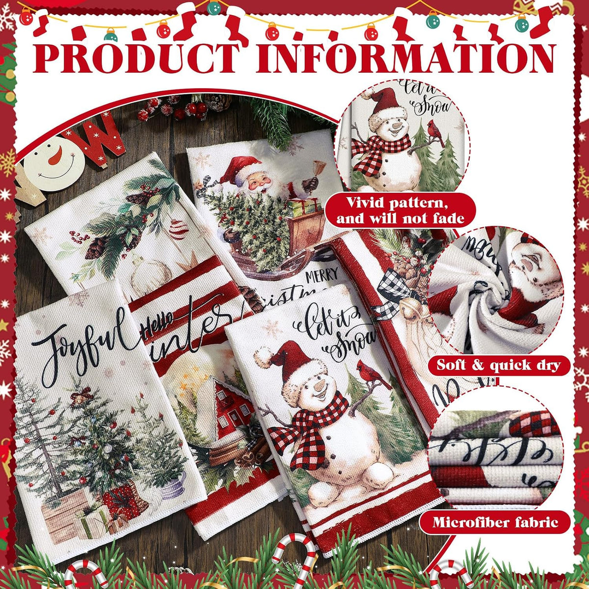 6 Pcs Christmas Kitchen Towels Red White Snowman Winter Dish Towel