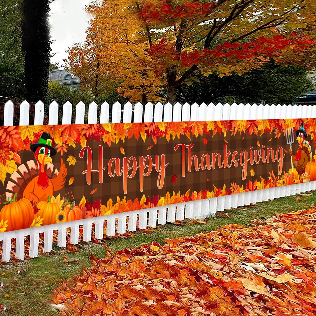 Large Happy Thanksgiving Banner, Turkey Maple Leaf Pumpkin Thanksgiving Fence Yard Lawn Banner Outdoor Decorations Party Supplies