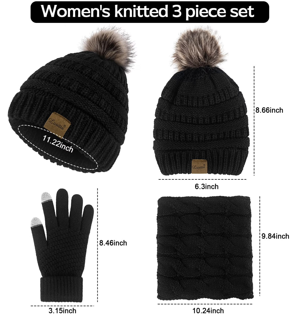 3 Pcs Women Winter Hat and Gloves Sets, Beanies Knit Classic Neck Warmer and Touchscreen Gloves Black