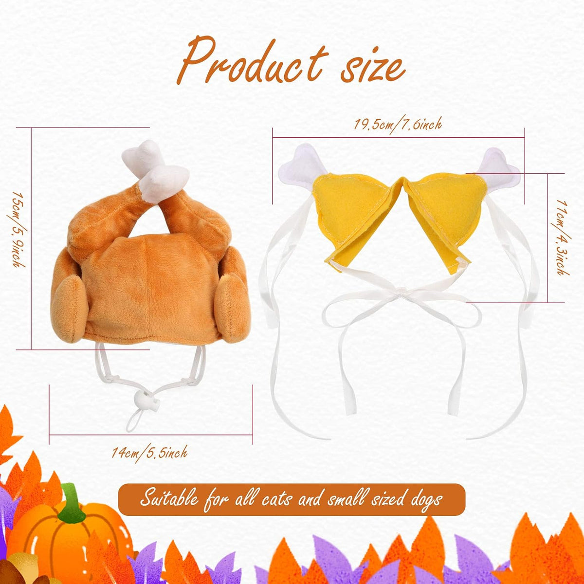 Thanksgiving Cat Costume 2 Pack - Pet Turkey Hat Thanksgiving Apparel for Cats and Small Dogs