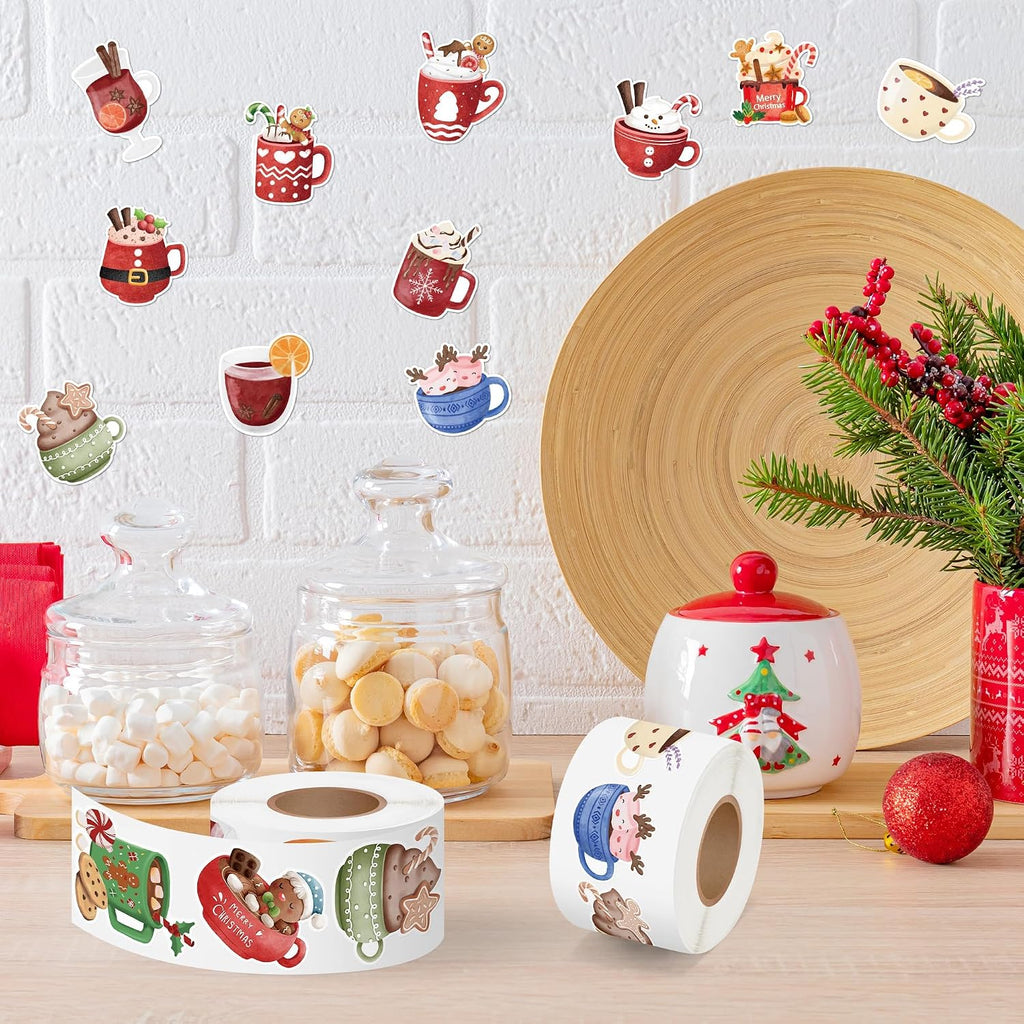 Christmas Hot Cocoa Stickers, 1000 Pcs Watercolor Hot Cocoa Milk Mug