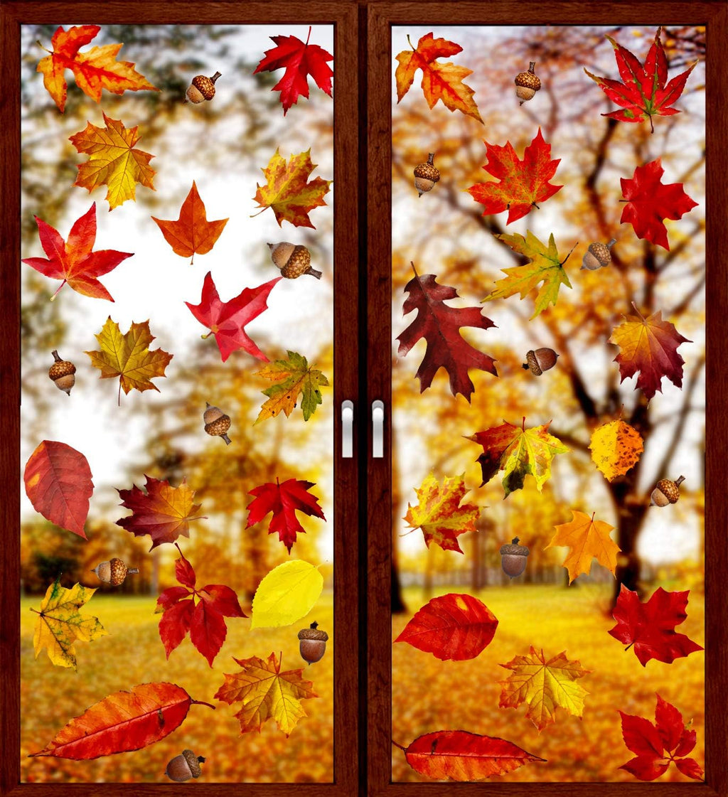 6 Sheets 200Pcs Thanksgiving Window Clings, Autumn Maple Leaves Windows Static Stickers for Thanksgiving Day Window Decoration