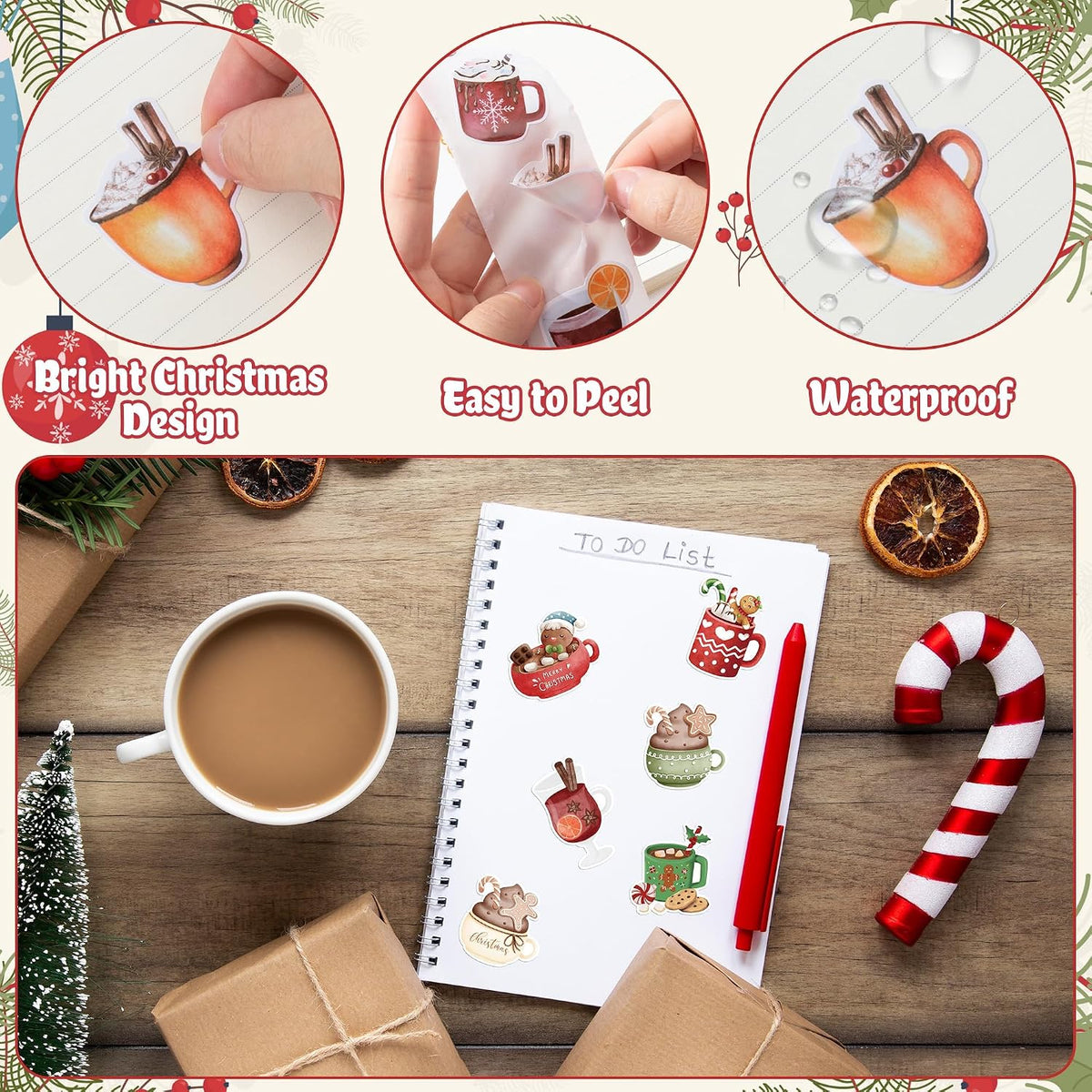Christmas Hot Cocoa Stickers, 1000 Pcs Watercolor Hot Cocoa Milk Mug