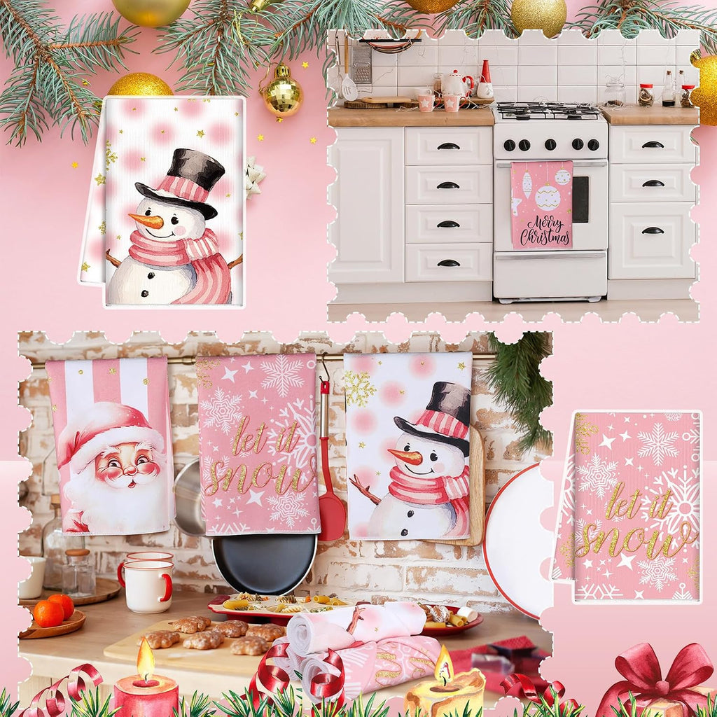 6 Pcs Pink Christmas Kitchen Towels Winter Snowman Santa Dish Towel