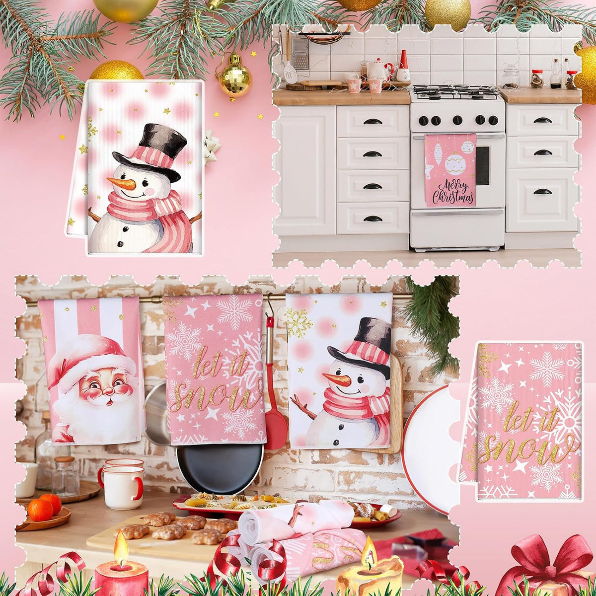 6 Pcs Pink Christmas Kitchen Towels Winter Snowman Santa Dish Towel