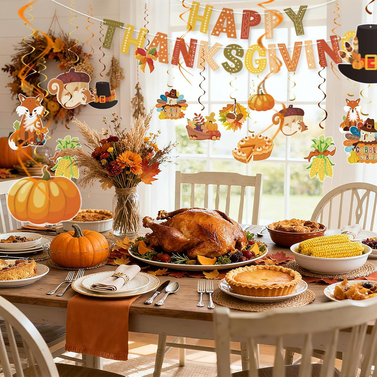 Thanksgiving Decor Set: Thanksgiving Banner & Hanging Swirls - for Home, Office, Classroom Indoor Fall Party Decorations