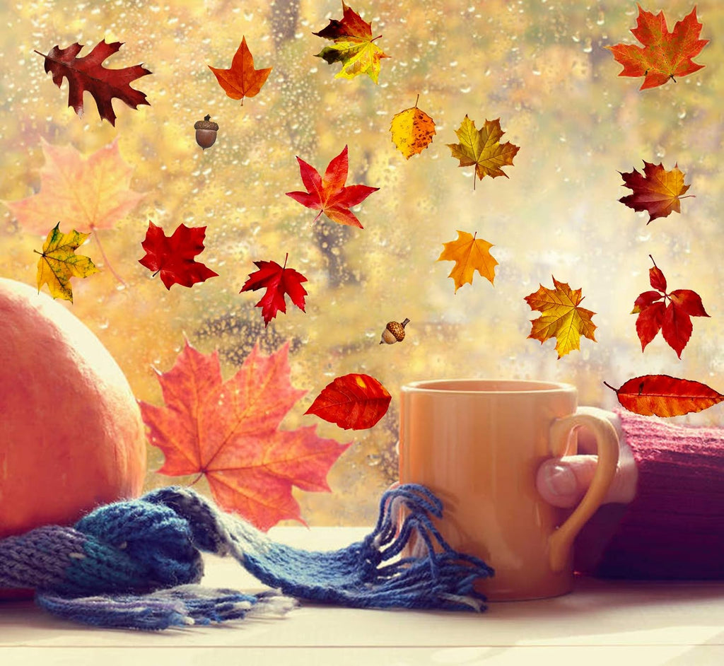 6 Sheets 200Pcs Thanksgiving Window Clings, Autumn Maple Leaves Windows Static Stickers for Thanksgiving Day Window Decoration