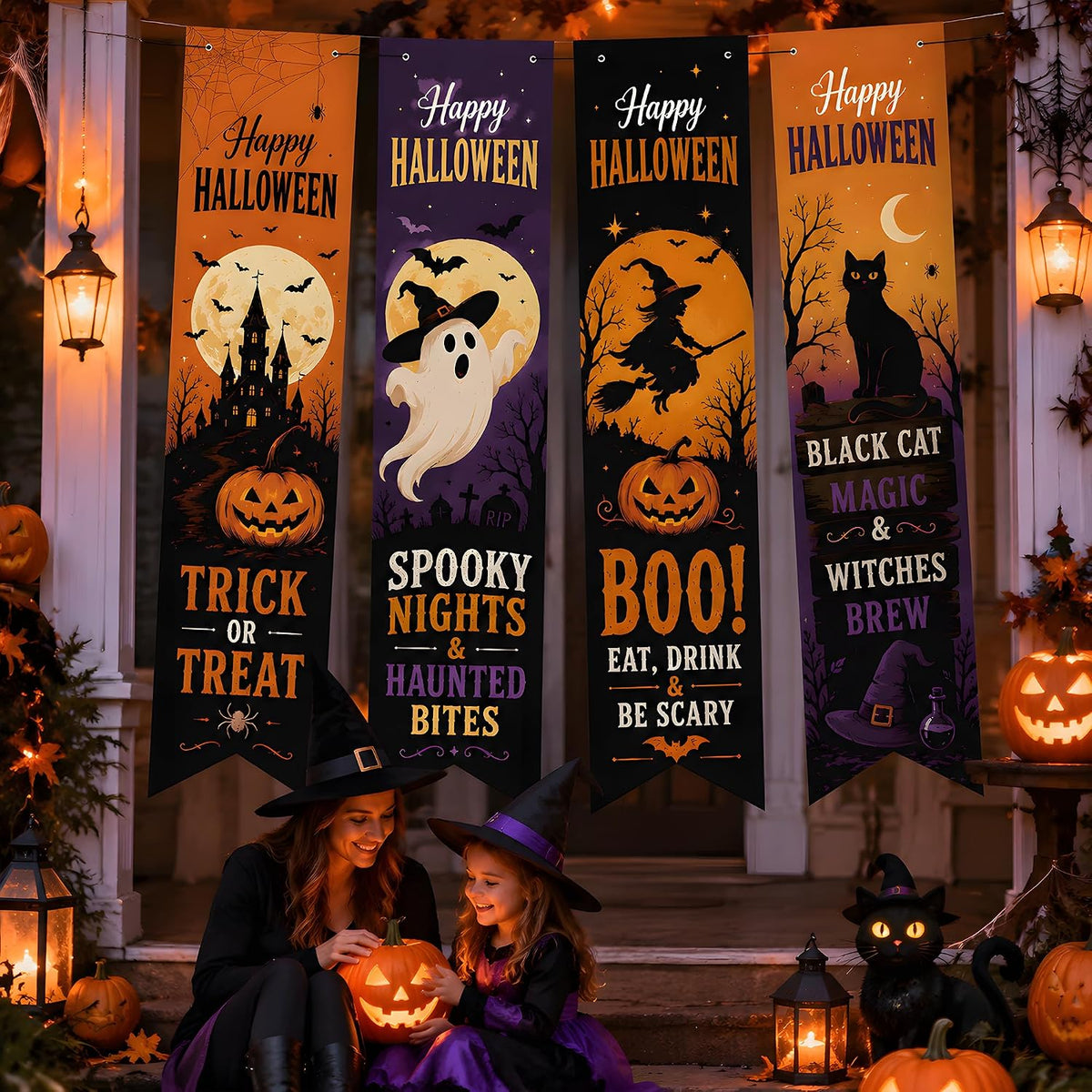 Halloween Decorations - 4 PCS Vertical Happy Halloween Hanging Banners