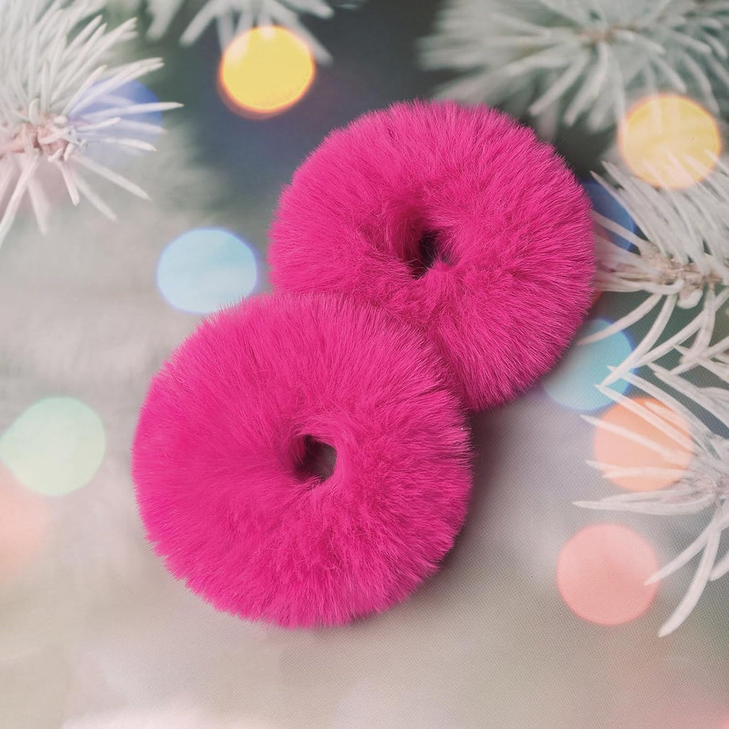 2Pcs Pack Furry Faux Rabbit Fur Hair Scrunchies Artificial Fur Hair Bobbles Elastic Hair Band Rope Wristband Ponytail Accessories Hot Pink