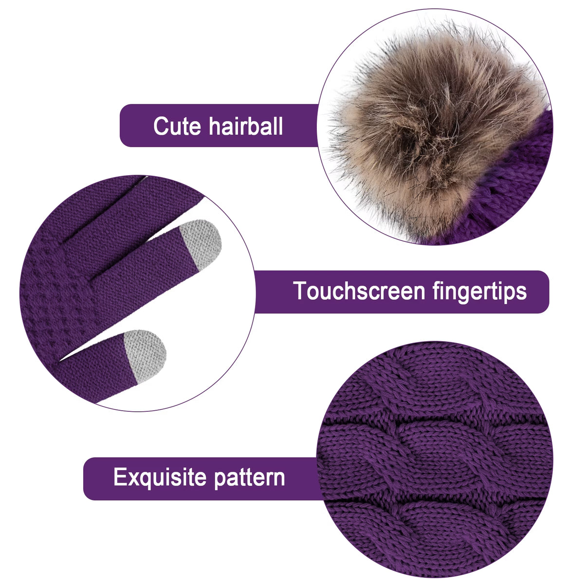3 Pcs Women Winter Hat and Gloves Sets, Beanies Knit Classic Neck Warmer and Touchscreen Gloves Purple