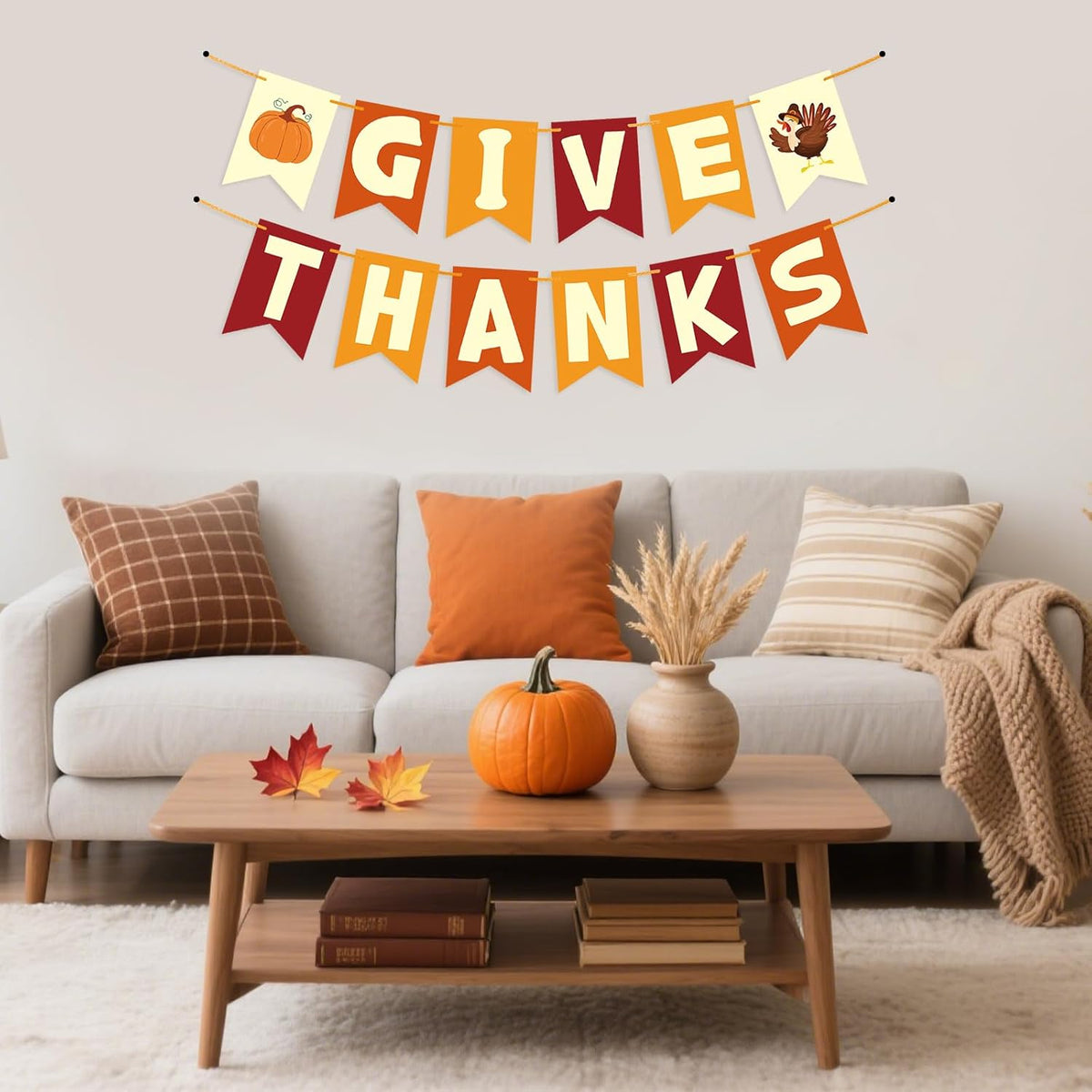 Thanksgiving Decorations - GIVE THANKS Banner, Friendsgiving Party Decorations, Thanksgiving Decor for Room Office Bedroom Mantel Wall Bulletin Board