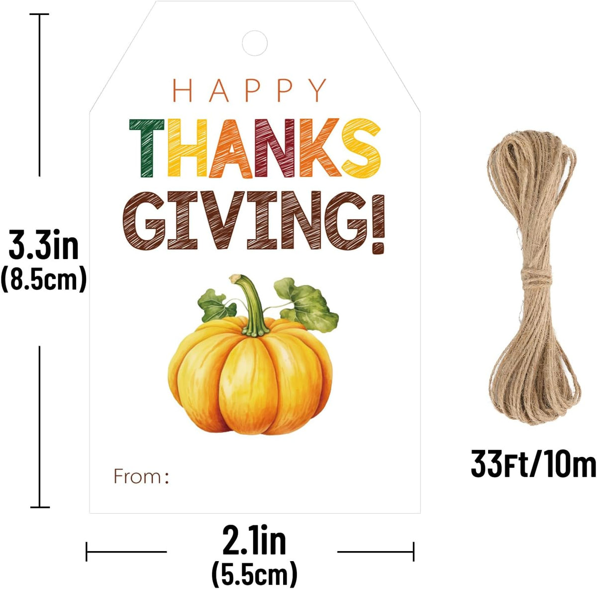 Thanksgiving Tags with String - 50Pcs Happy Thanksgiving Gift Tag, 3.3X2.1In Fall Pumpkin Name Labels Tags for Thanksgiving Gift Wrap, Party Favors, Greeting Cards, Candy Bags
