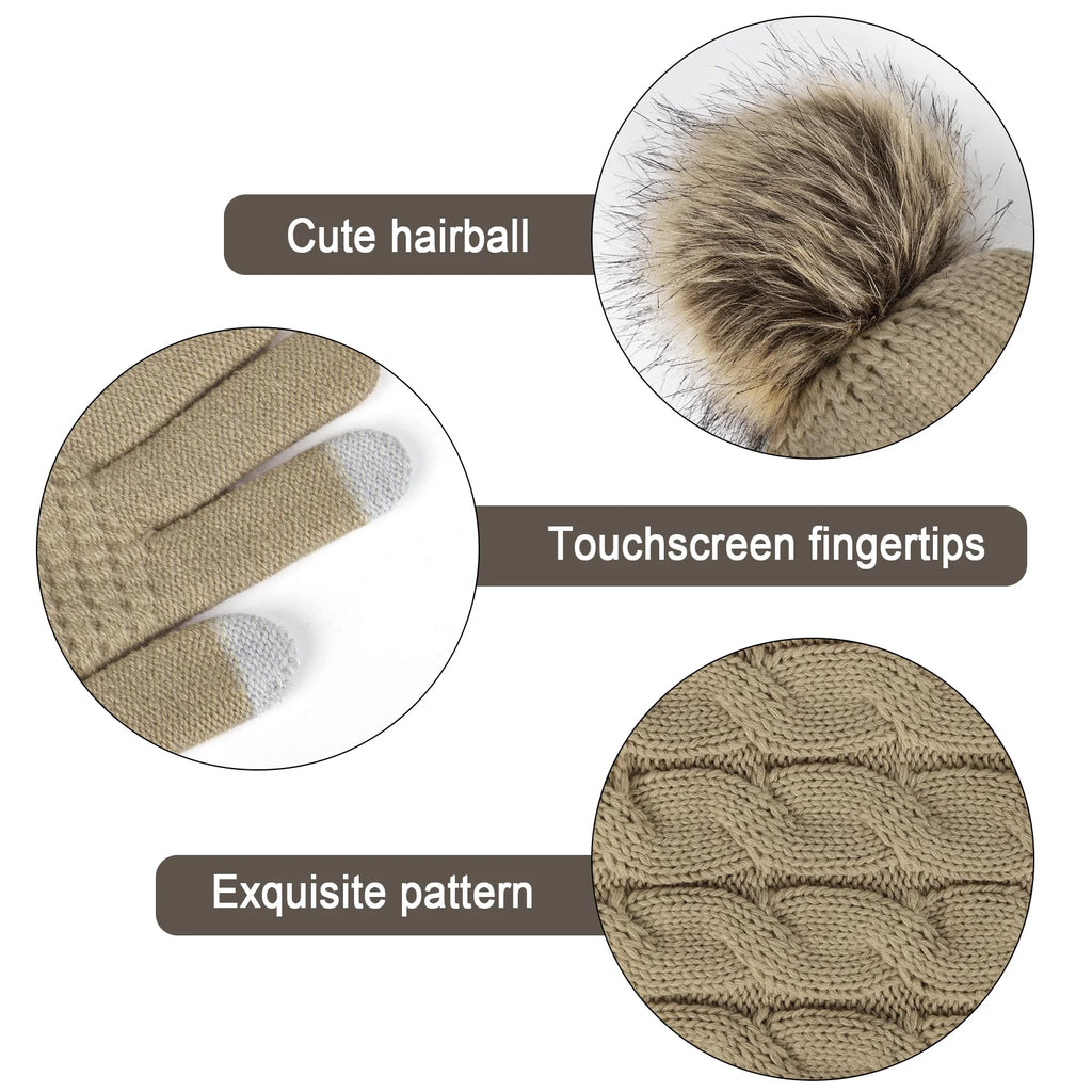 3 Pcs Women Winter Hat and Gloves Sets, Knit Classic Long Scarf Warmer Accessories Khaki