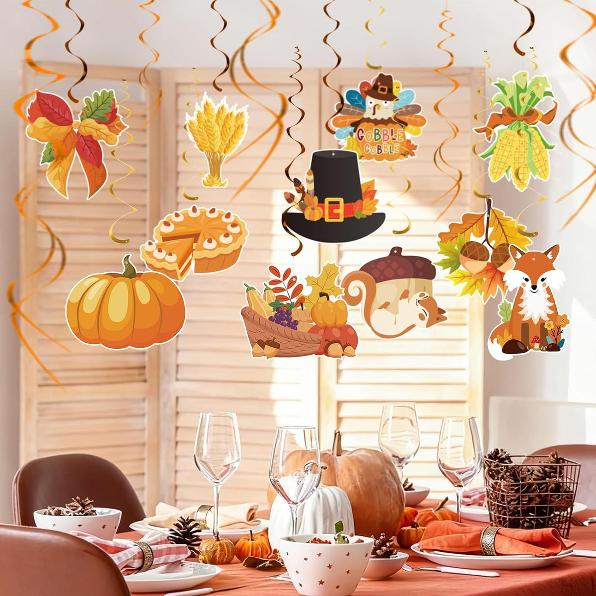 Thanksgiving Decor Set: Thanksgiving Banner & Hanging Swirls - for Home, Office, Classroom Indoor Fall Party Decorations
