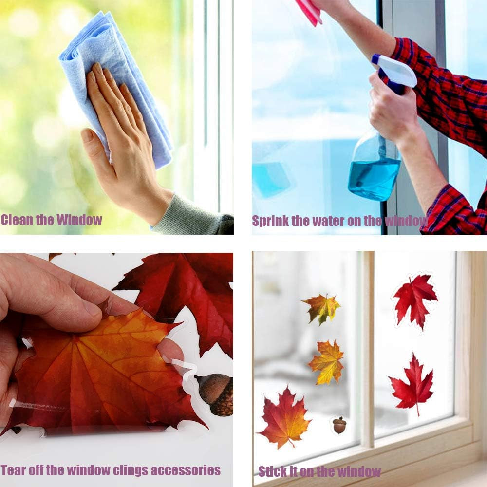 6 Sheets 200Pcs Thanksgiving Window Clings, Autumn Maple Leaves Windows Static Stickers for Thanksgiving Day Window Decoration