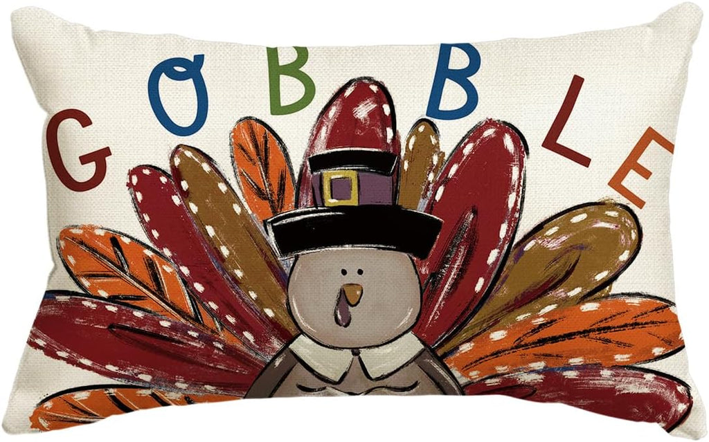 Gobble Turkey Thanksgiving Throw Pillow Cover, 12 X 20 Inch Thanksgiving Cushion Case for Sofa Couch