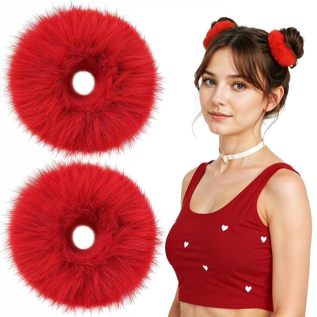 2Pcs Red Pompom Hair Tie, Furry Faux Rabbit Fur Fuzzy Scrunchies, Red Fuzzy Hair Ties Baby Hairs Ties Ponytail Holders Pom for Girl Women Christmas