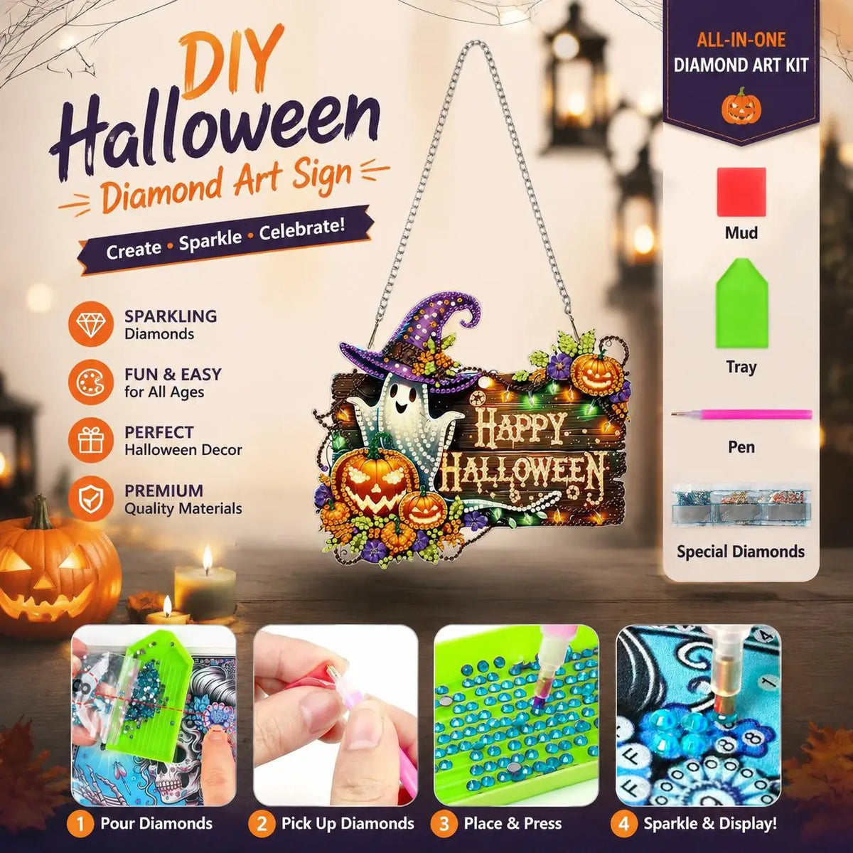 9.8In Shiny Acrylic Safe Diamond Art Hanging Suncatcher Kit - Witch, Black Cat, Ghost Reading, Pumpkin Designs - DIY Rhinestone Ornament, Wall, Outdoor Indoor Decorative, Cute Halloween Stuff, Ghost Decor Gift for Kids