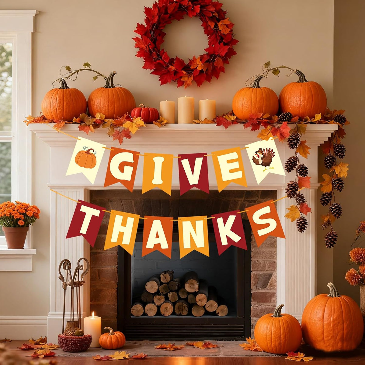 Thanksgiving Decorations - GIVE THANKS Banner, Friendsgiving Party Decorations, Thanksgiving Decor for Room Office Bedroom Mantel Wall Bulletin Board