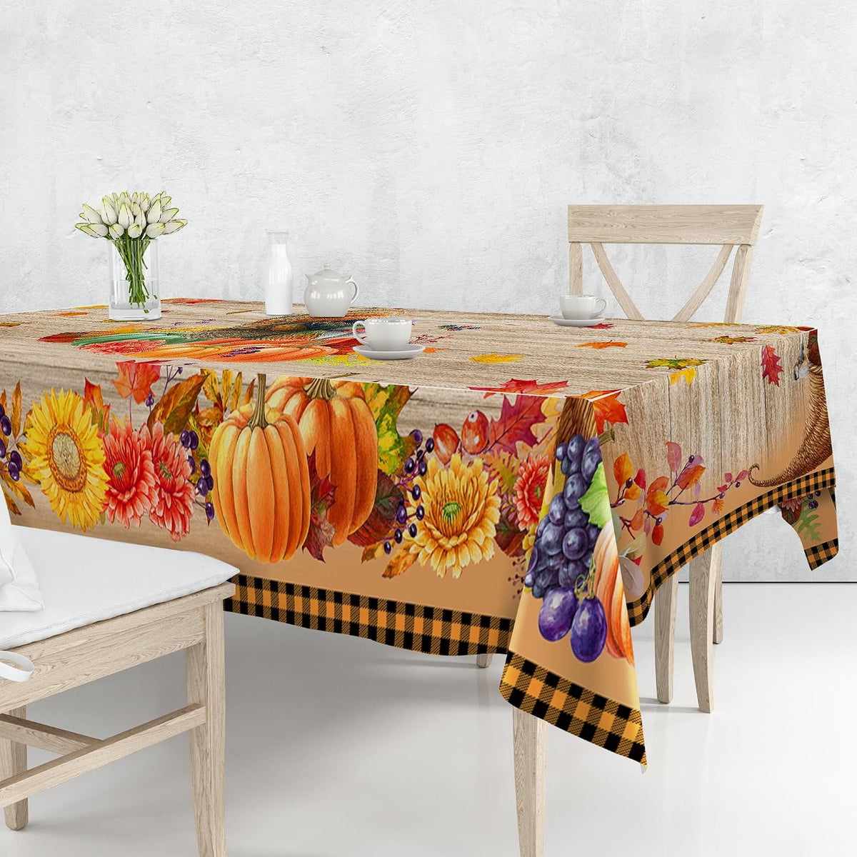 Thanksgiving Tablecloth, Thanksgiving Turkey Table Cloth Rectangle 60 X 120, Pumpkins with Fall Leaves Tablecloths Rustic Holiday Table Cover Thanksgiving Decorations for Dining Room Kitchen Outdoor