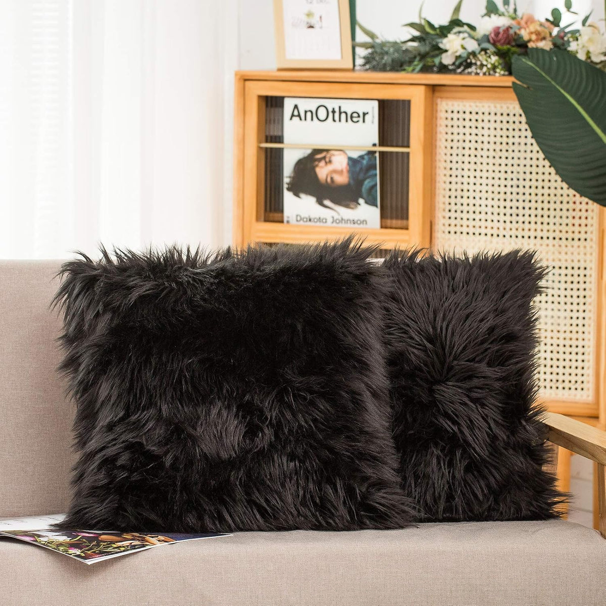 Faux Fur Pillow Covers, 18×18, Black, Set of 2