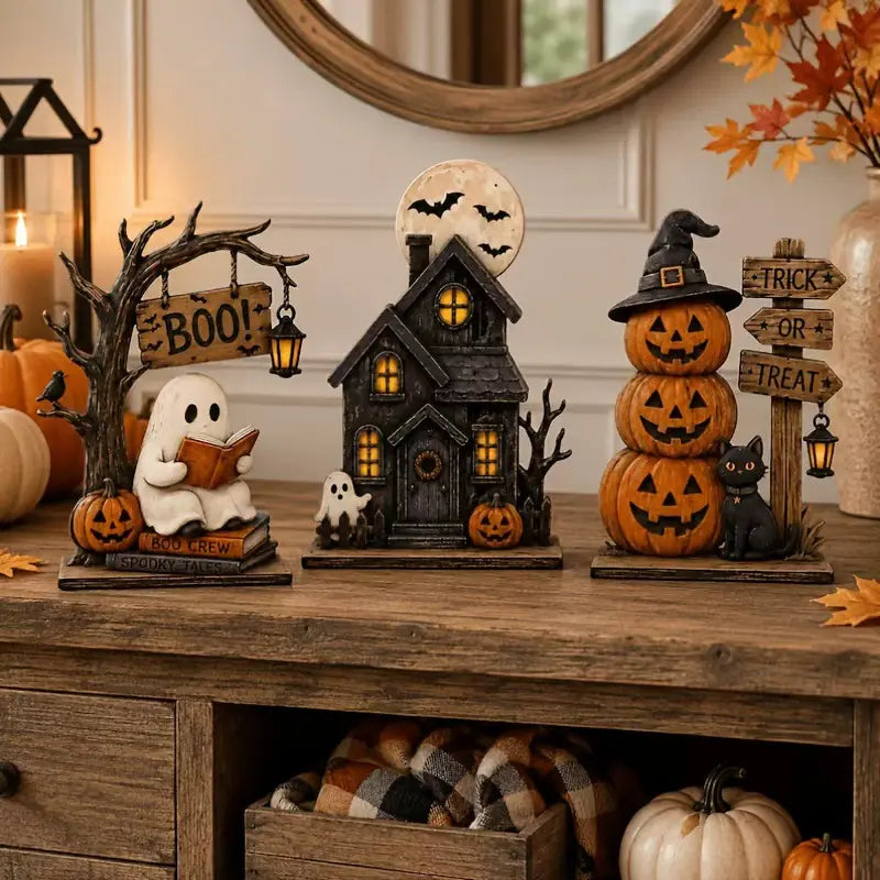 Vintage Halloween Tabletop Decor Set of 3, Resin Spooky Ornaments with Ghost, Haunted House, Stacked Pumpkin & Black Cat Figurines, Trick or Treat Sign, Fall Harvest Decor, Spooky Season Desktop Centerpiece for Home Mantel Shelf Decoration