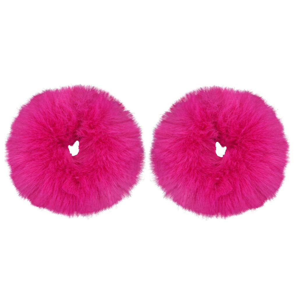 2Pcs Pack Furry Faux Rabbit Fur Hair Scrunchies Artificial Fur Hair Bobbles Elastic Hair Band Rope Wristband Ponytail Accessories Hot Pink