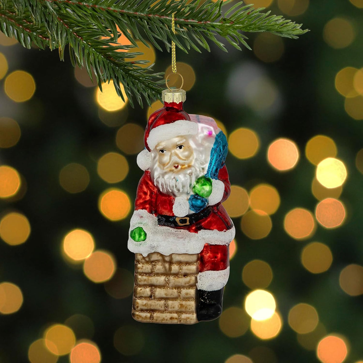 Santa Down the Chimney Glass Ornament, 5"