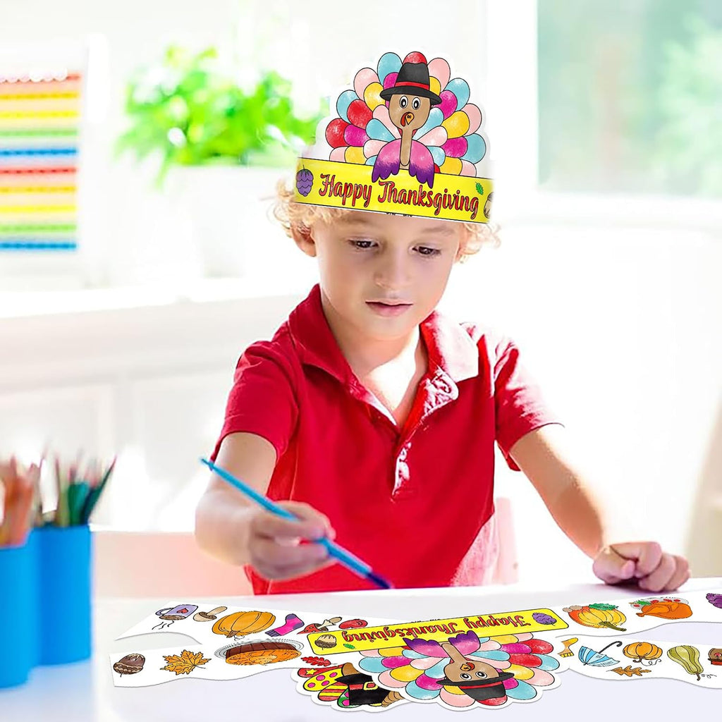Thanksgiving Coloring Turkey Crowns Hats 24PCS Fall Thanksgiving Turkey Headbands Crafts for Kids
