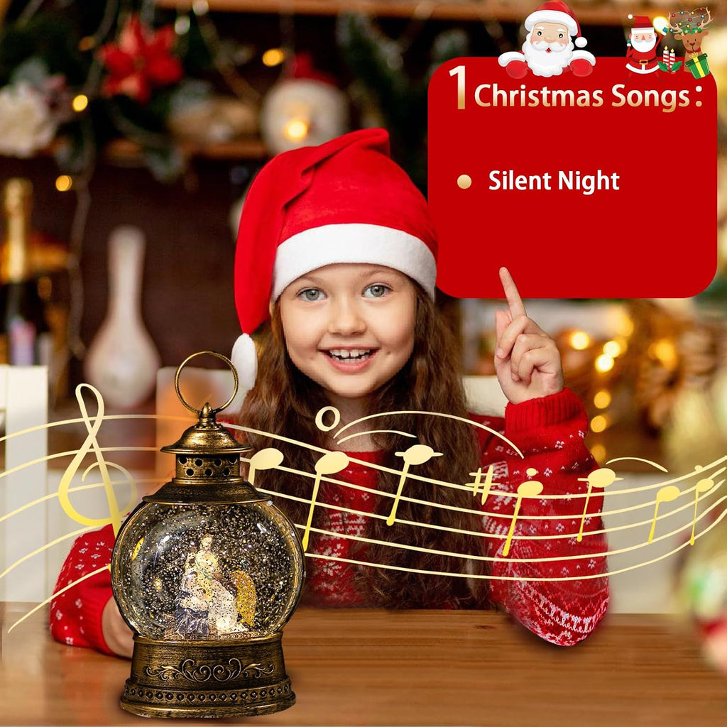 Christmas Nativity Snow Globe, Nativity Musical Snow Globe Lantern Lights with USB Powered, Retro Style Holiday Glitter Globe for Xmas Home Decoration Holiday
