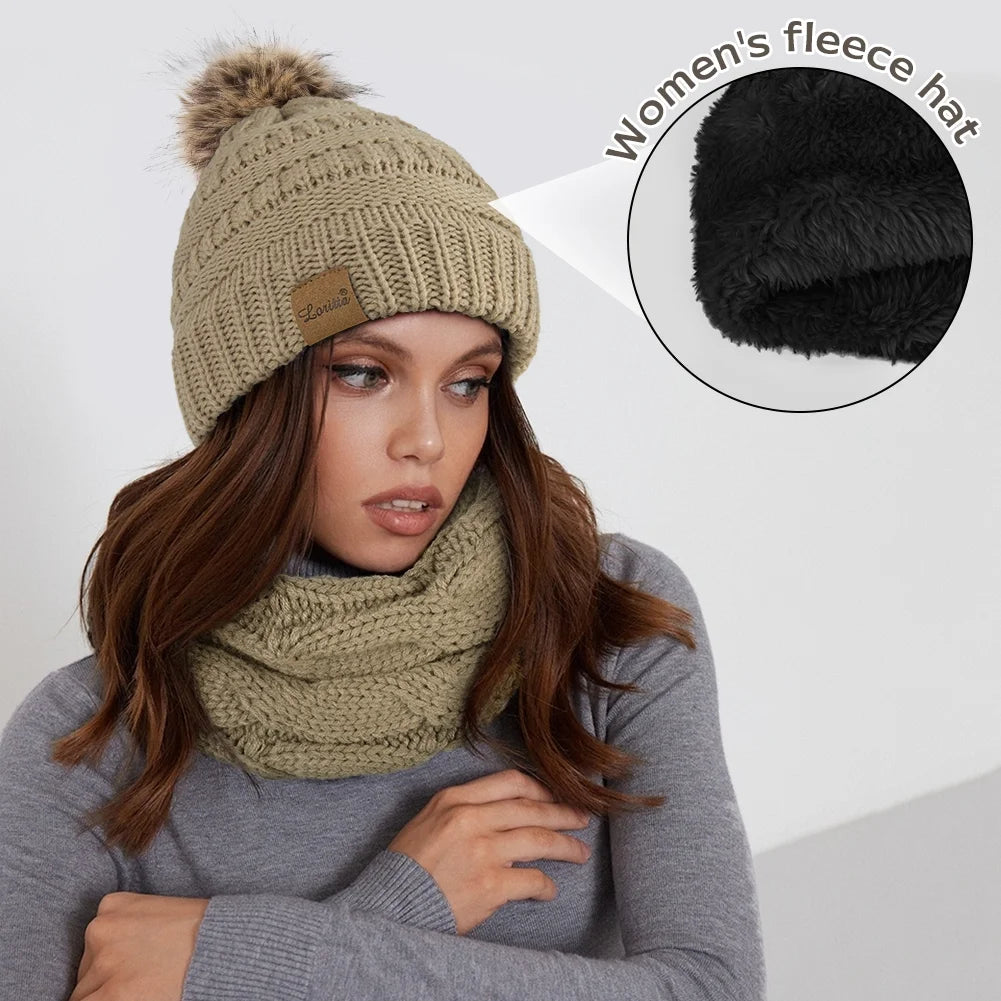 3 Pcs Women Winter Hat and Gloves Sets, Knit Classic Long Scarf Warmer Accessories Khaki