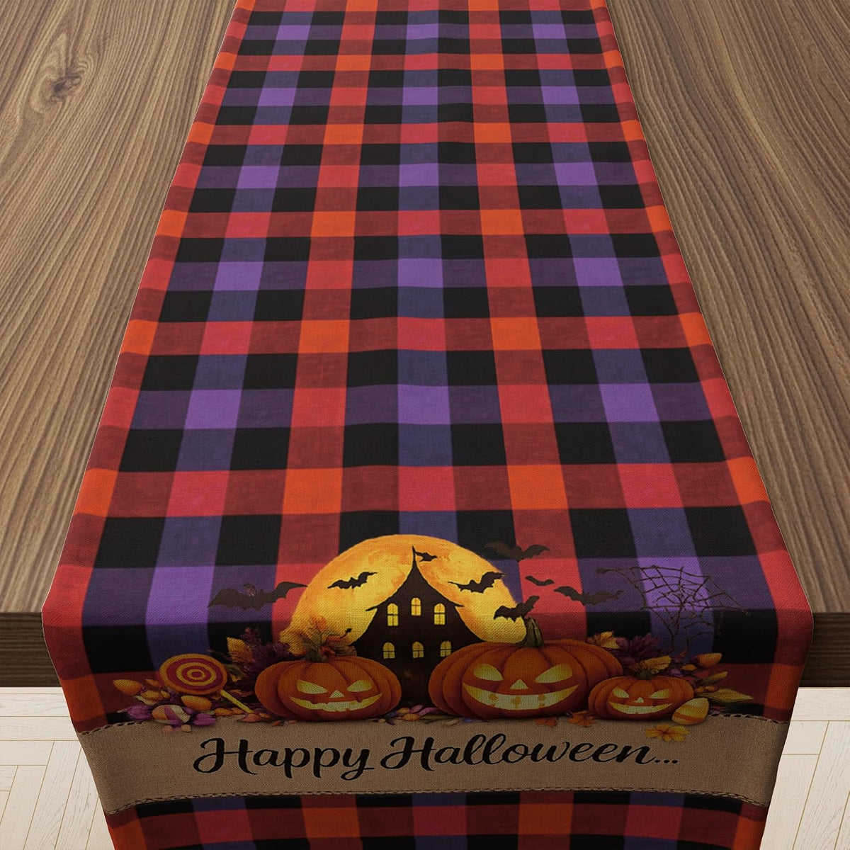 Halloween Decorations - Happy Halloween Checkered Table Runner | Halloween Party Favors Home Decor - Halloween Tablecloth Backdrop for Fall Kitchen Dining Indoor Outdoor Decorations