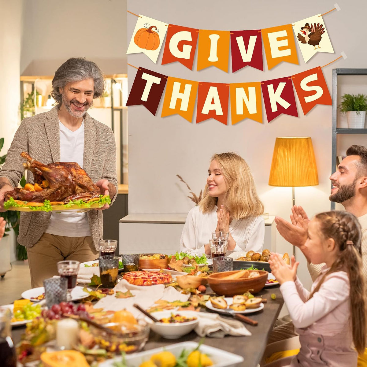 Thanksgiving Decorations - GIVE THANKS Banner | Friendsgiving Party Decorations for Indoor Outdoor outside - Thanksgiving Garland for Front Door | THANKSGIVING Backdrop Wreath for Window Wall