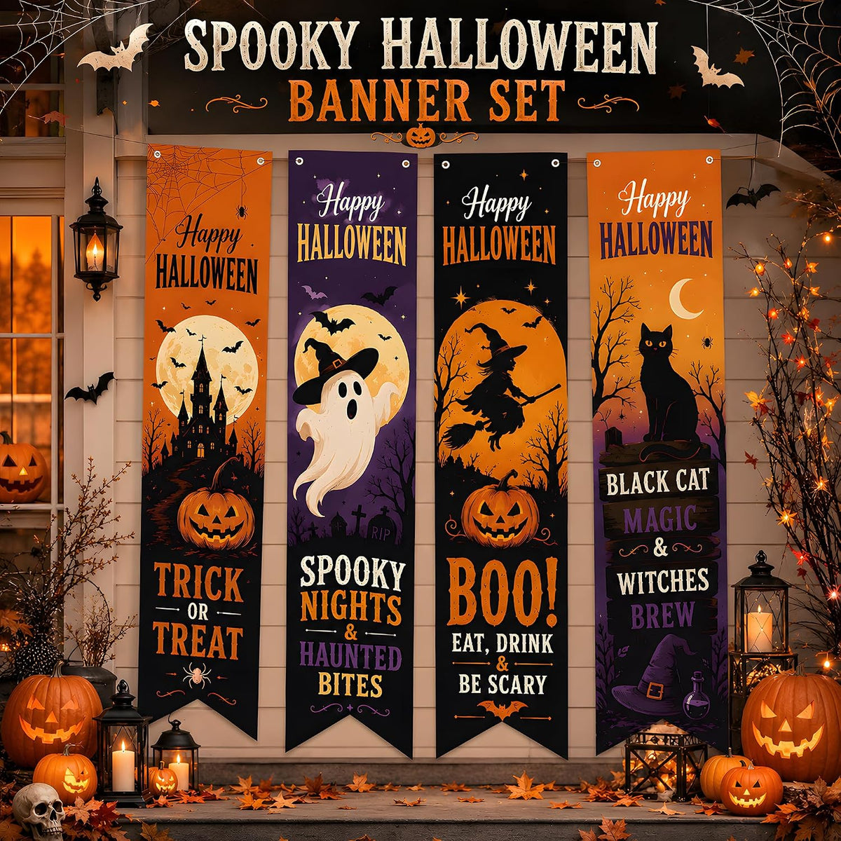 Halloween Decorations - 4 PCS Vertical Happy Halloween Hanging Banners