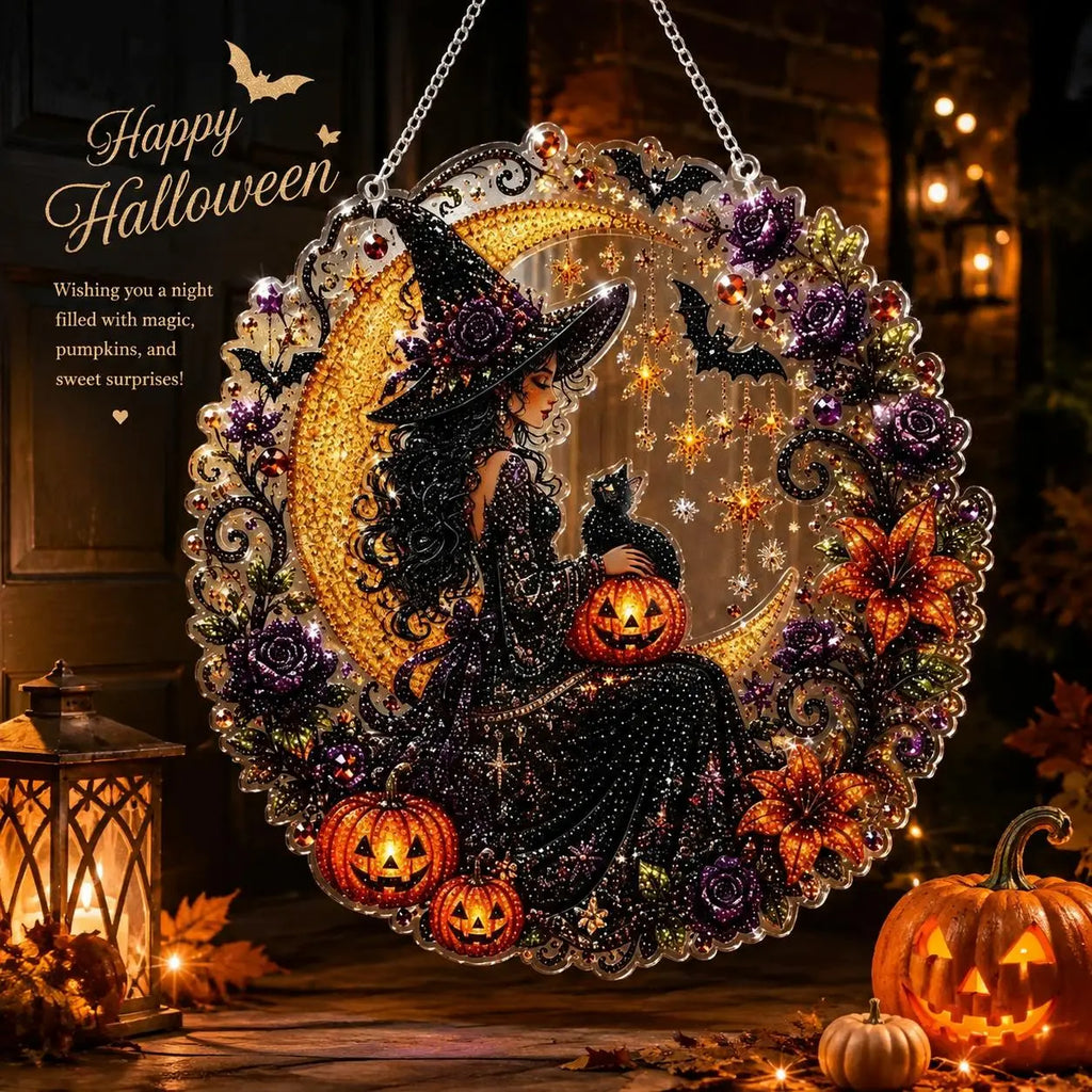9.8In Shiny Acrylic Safe Diamond Art Hanging Suncatcher Kit - Witch, Black Cat, Ghost Reading, Pumpkin Designs - DIY Rhinestone Ornament, Wall, Outdoor Indoor Decorative, Cute Halloween Stuff, Ghost Decor Gift for Kids