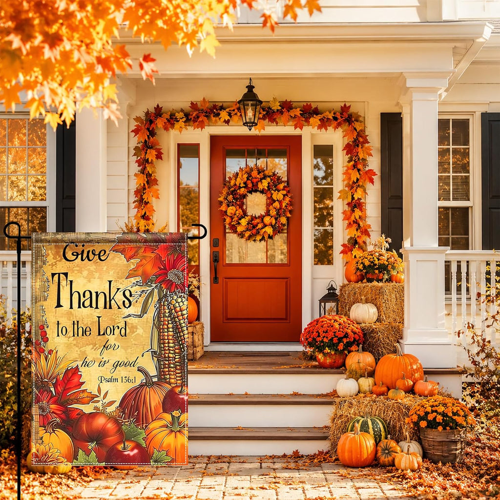 Thanksgiving Garden Flag Give Thanks Pumpkin Harvest 12X18 Inch