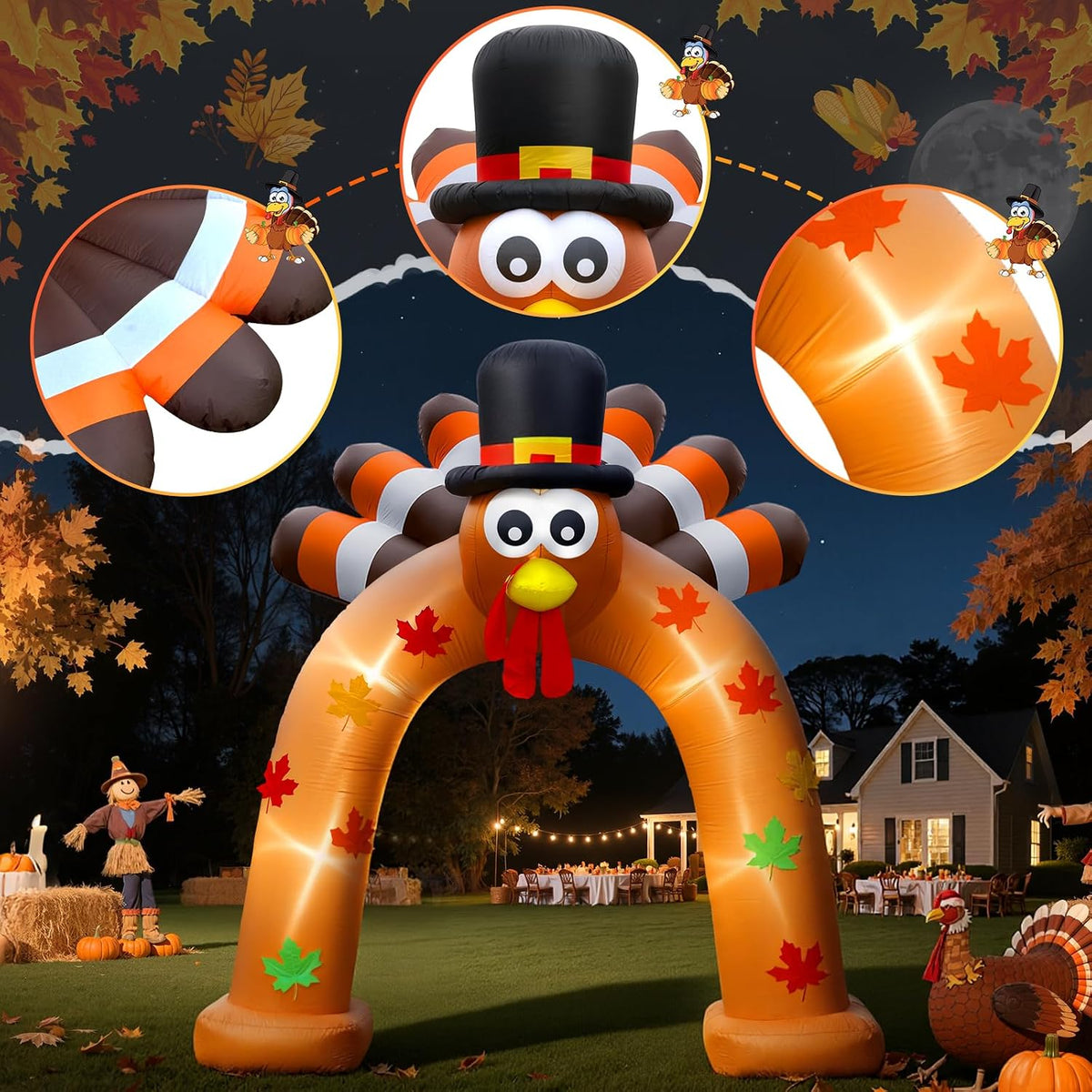9FT Thanksgiving Inflatable Turkey Arch Thanksgiving Inflatables Outdoor Decorations Blow Ups Turkey Archway with Leds for Yard Decor