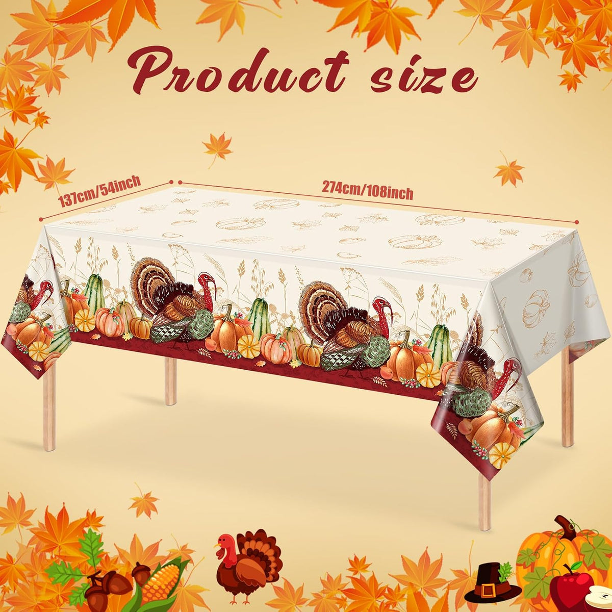 3 Pack Thanksgiving Disposable Tablecloth for Rectangle Tables, Plastic Thanksgiving Turkey Tablecloth Party Supplies, Pumpkin Table Cover for Fall Thanksgiving Harvest Party Decorations, 54X108 Inch