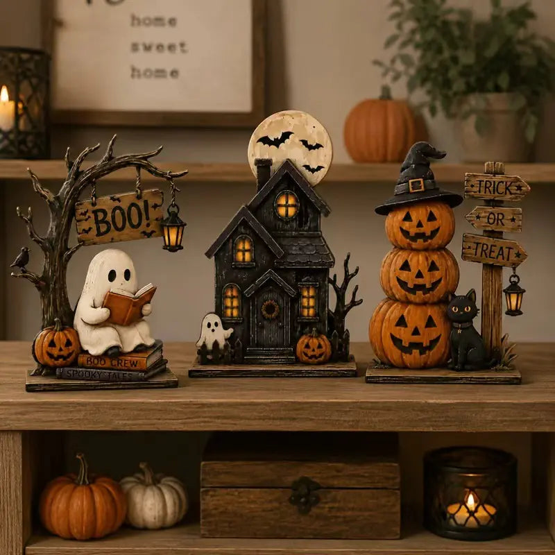 Vintage Halloween Tabletop Decor Set of 3, Resin Spooky Ornaments with Ghost, Haunted House, Stacked Pumpkin & Black Cat Figurines, Trick or Treat Sign, Fall Harvest Decor, Spooky Season Desktop Centerpiece for Home Mantel Shelf Decoration