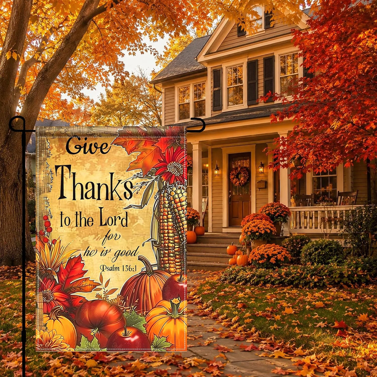 Thanksgiving Garden Flag Give Thanks Pumpkin Harvest 12X18 Inch